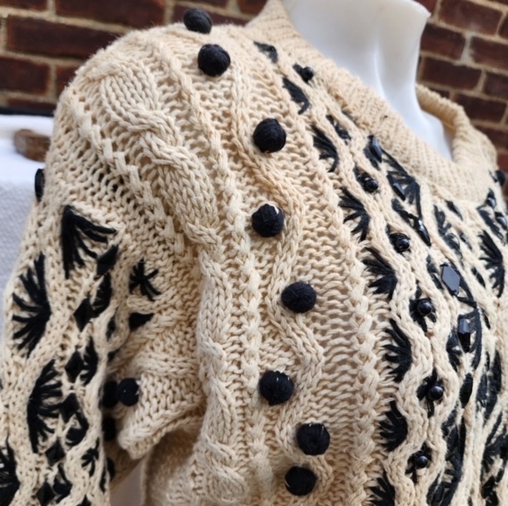 Vintage Cotton Ramie Popcorn Cable Knit Sweater Black Cream M/L - Picture 12 of 16